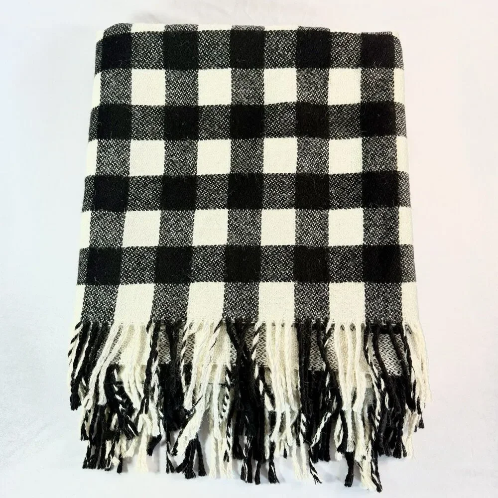 Ralph Lauren Black & Cream Buffalo Plaid Wool Alpaca Blend Fringed Throw Blanket